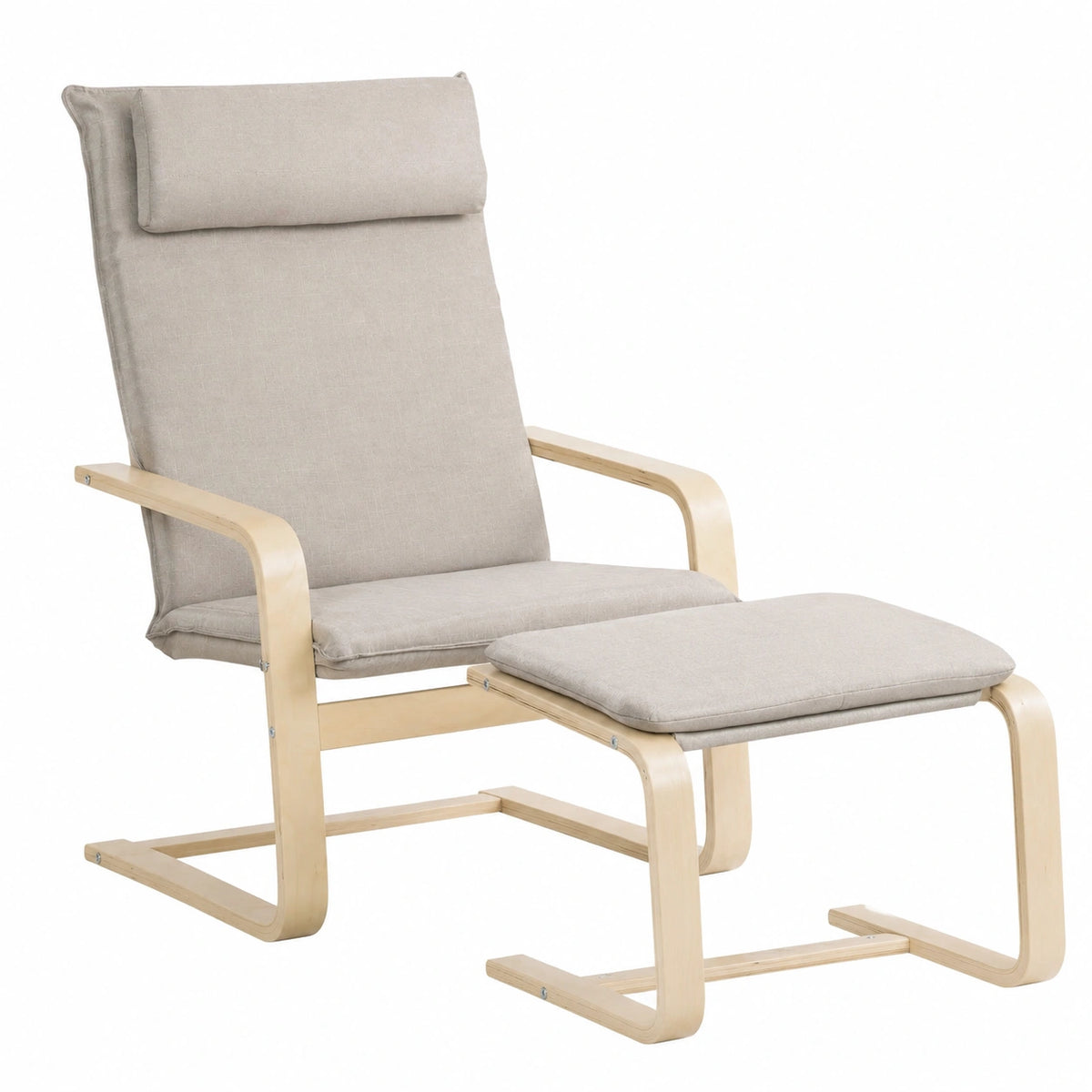 Poltrona Relax in Tessuto Lino con Pouf e Cuscino Poggiatesta, Struttura in Legno, 67x78x92cm, Grigia