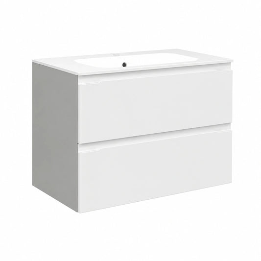 Mobile Bagno Sospeso 80cm, 2 Cassetti Ampi, Lavabo Moderno, Bianco e Grigio