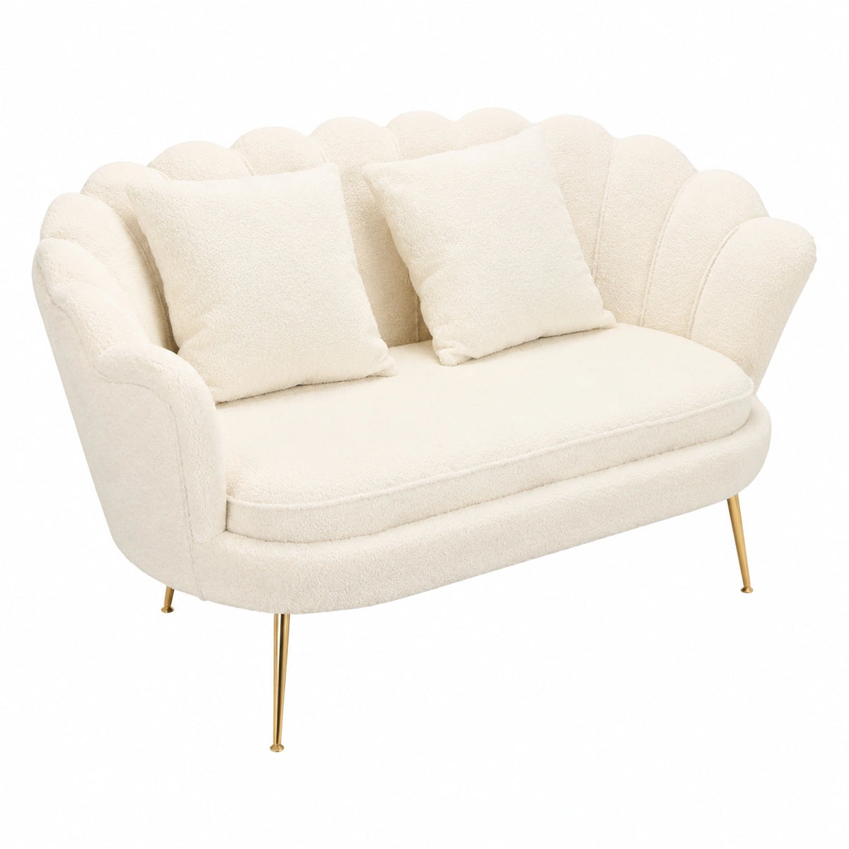 Divano Moderno Frida in Bouclé Panna con Dettagli Oro e Cuscino, Design Elegante per Soggiorno, 136x79x79 cm
