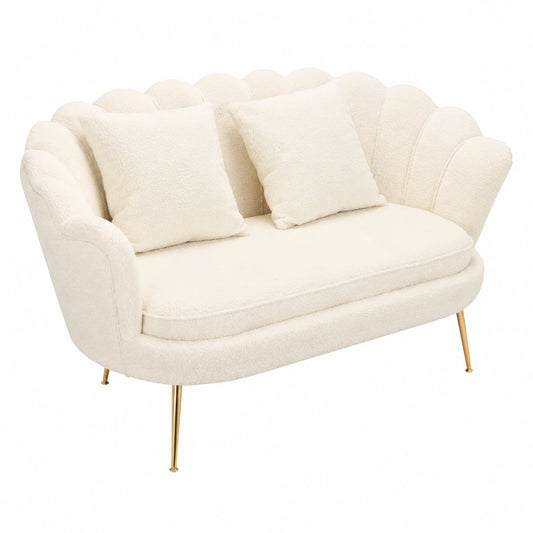 Divano Moderno Frida in Bouclé Panna con Dettagli Oro e Cuscino, Design Elegante per Soggiorno, 136x79x79 cm