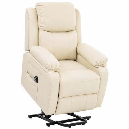 HOMCOM Poltrona Elettrica Reclinabile con Funzione Alzapersona, Rivestimento in Pelle PU, Telecomando e Tasche Laterali, Colore Bianco Crema