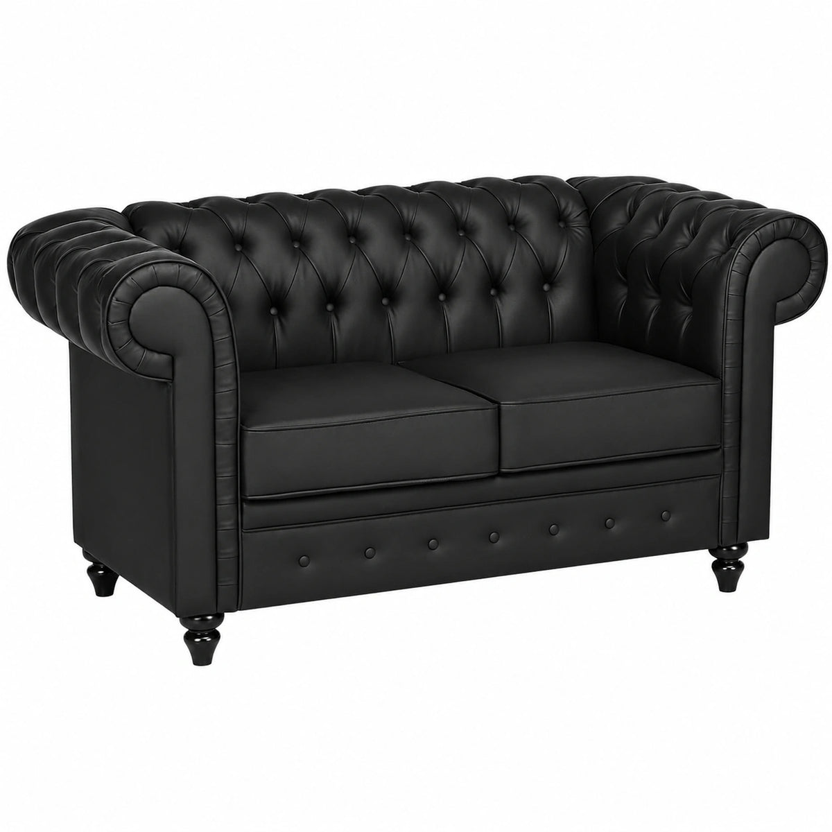 Divano Chesterfield 2 Posti in Similpelle con Gambe in Legno, Sofà Elegante per Soggiorno e Ufficio, Nero