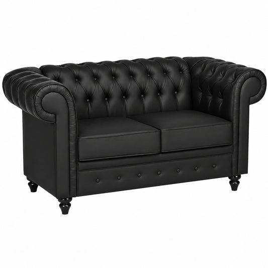 Divano Chesterfield 2 Posti in Similpelle con Gambe in Legno, Sofà Elegante per Soggiorno e Ufficio, Nero