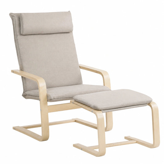 Poltrona Relax in Tessuto Lino con Pouf e Cuscino Poggiatesta, Struttura in Legno, 67x78x92cm, Grigia