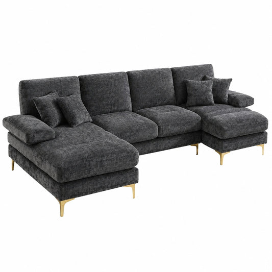 Divano modulare moderno a U a 4 posti in tessuto chenille grigio