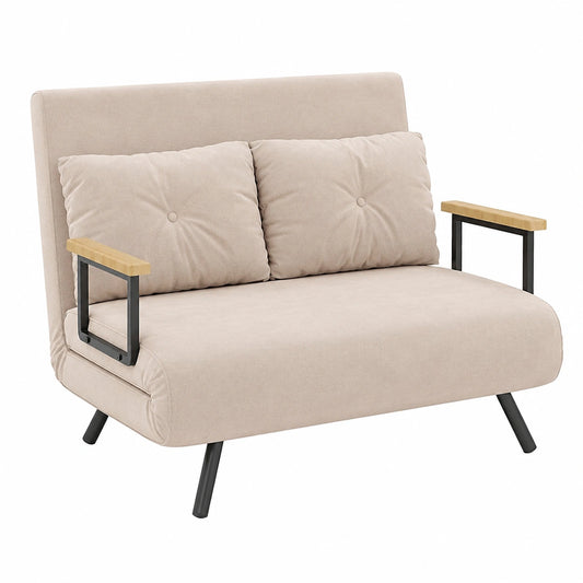 Divano Letto 2 Posti Convertibile in Velluto Beige con Schienale Regolabile