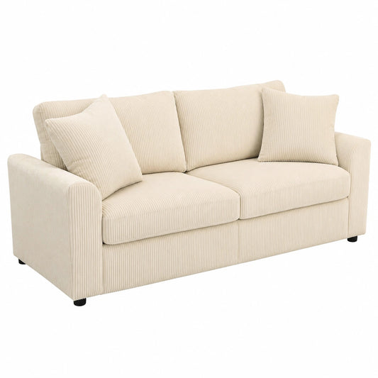 Divano 3 posti in velluto a coste con cuscini e braccioli, 212 cm, design moderno, crema